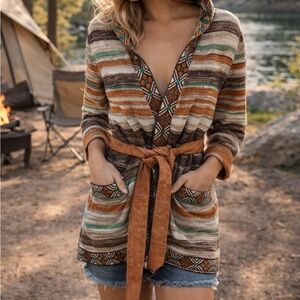 Billabong Striped Hooded Wrap - Burnt Orange, Brown & Cream